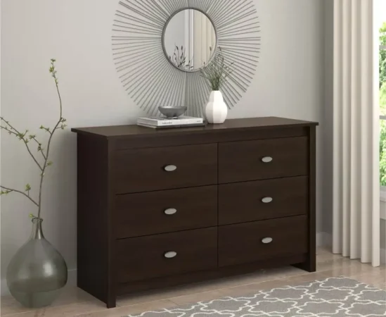 Modern dresser with decorative mirror in bedroom.