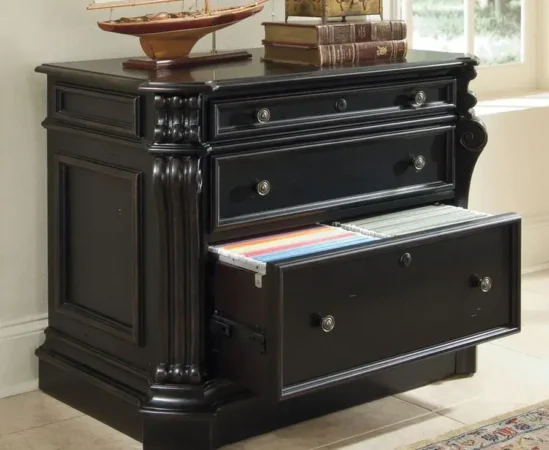 Black wooden file cabinet with open drawer