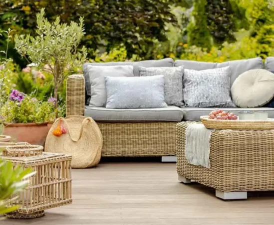 Outdoor patio with wicker furniture and decor.