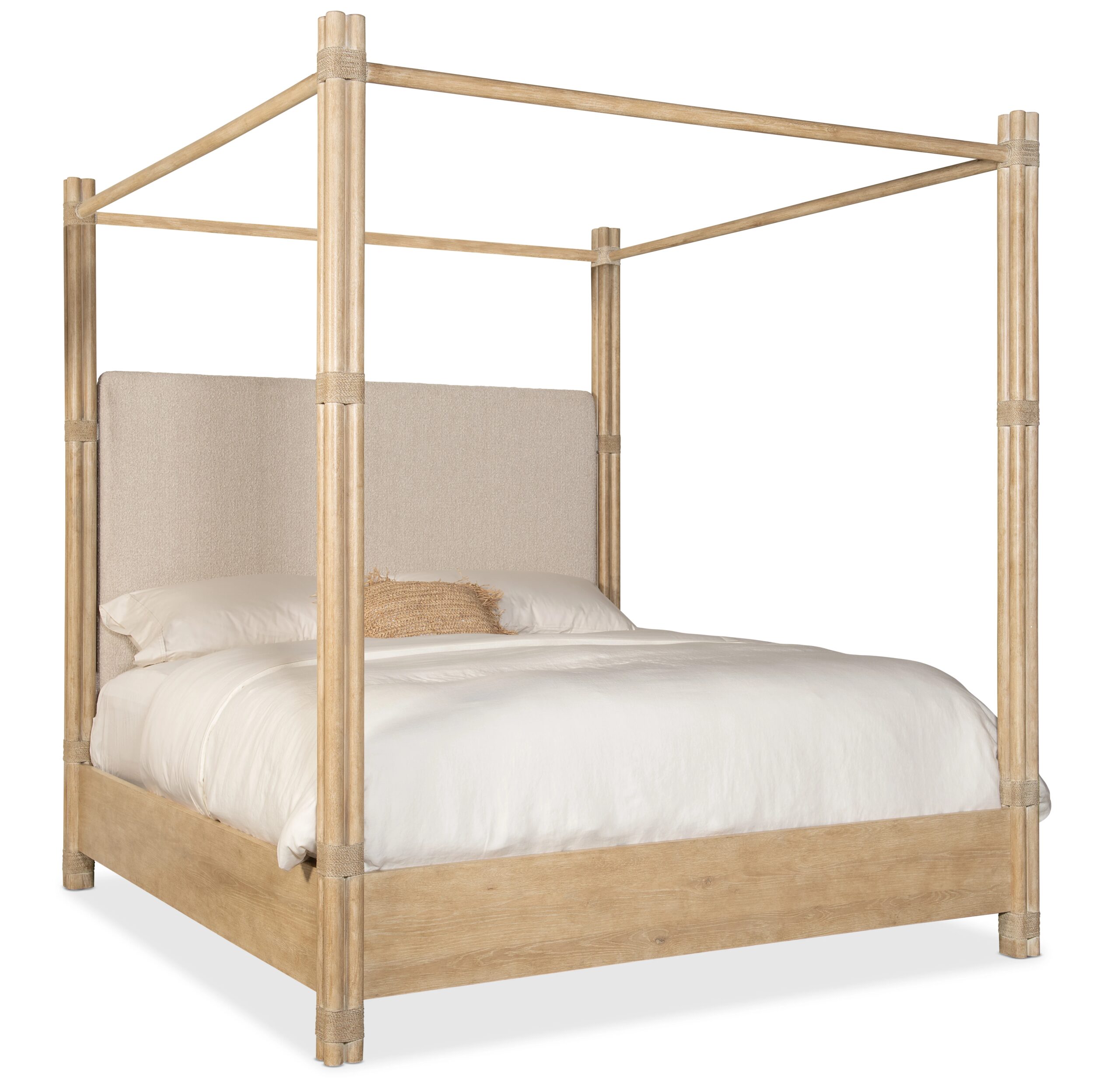 449b91e9a10fda67b3bed6a018a5d053 Retreat Pole Rattan Cal King Upholstered Poster Bed withCanopy - Image 1